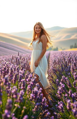 A serene scene depicting a beautiful woman standing gracefully among blooming lavender flowers in full bloom