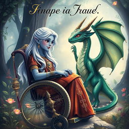 A book cover design for a fantasy novel featuring an indigo-skinned wheelchair-bound elf girl and a dragon girl