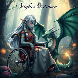 A book cover design for a fantasy novel featuring an indigo-skinned wheelchair-bound elf girl and a dragon girl
