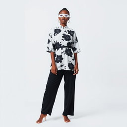 A 21-year-old black woman wearing a unique outfit featuring a white dress adorned with black floral patterns, complemented by relaxed black loose pants