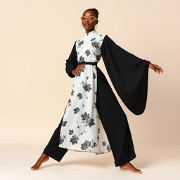 A 21-year-old black woman wearing a unique outfit featuring a white dress adorned with black floral patterns, complemented by relaxed black loose pants