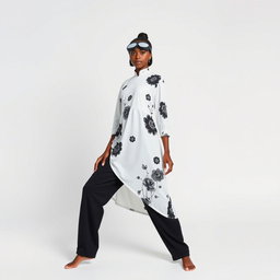 A 21-year-old black woman wearing a unique outfit featuring a white dress adorned with black floral patterns, complemented by relaxed black loose pants