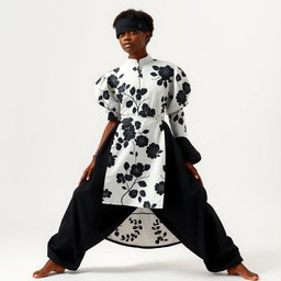 A 21-year-old black woman wearing a unique outfit featuring a white dress adorned with black floral patterns, complemented by relaxed black loose pants