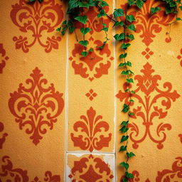 A textured wall featuring intricate designs, including geometric shapes and floral motifs, with a warm earthy color palette of browns, reds, and creams