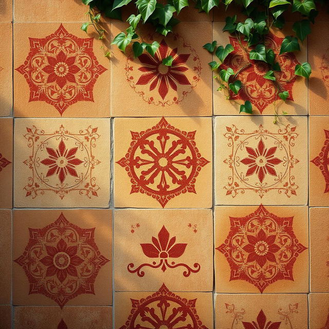 A textured wall featuring intricate designs, including geometric shapes and floral motifs, with a warm earthy color palette of browns, reds, and creams