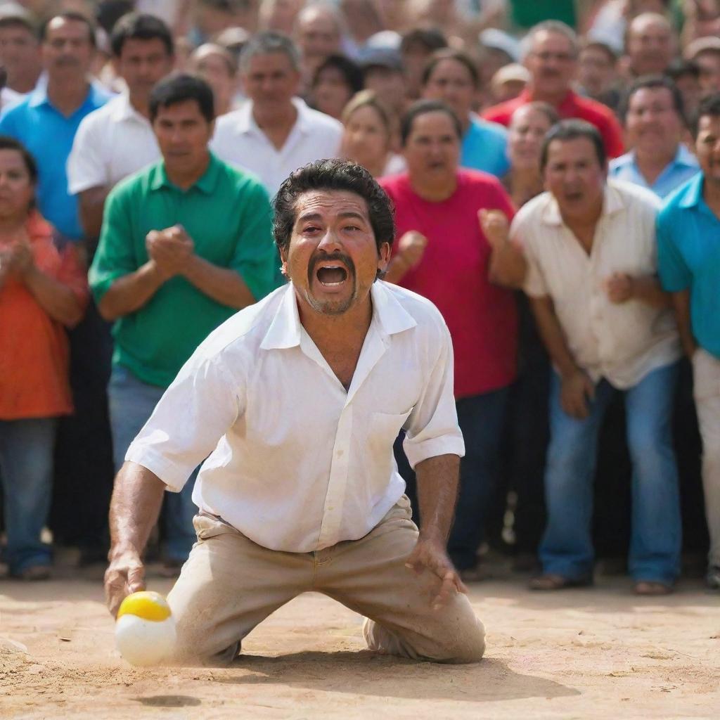 A vibrant scene of a skillful Mexican man passionately engaged in a spirited local game amidst a lively crowd