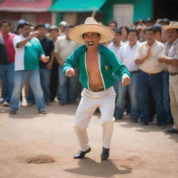 A vibrant scene of a skillful Mexican man passionately engaged in a spirited local game amidst a lively crowd