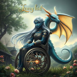 A captivating book cover design for a fantasy novel featuring an indigo-skinned wheelchair-bound elf girl and a humanoid dragon girl