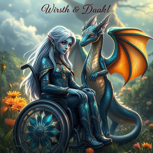 A captivating book cover design for a fantasy novel featuring an indigo-skinned wheelchair-bound elf girl and a humanoid dragon girl