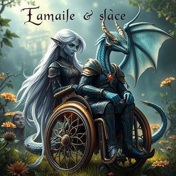 A captivating book cover design for a fantasy novel featuring an indigo-skinned wheelchair-bound elf girl and a humanoid dragon girl