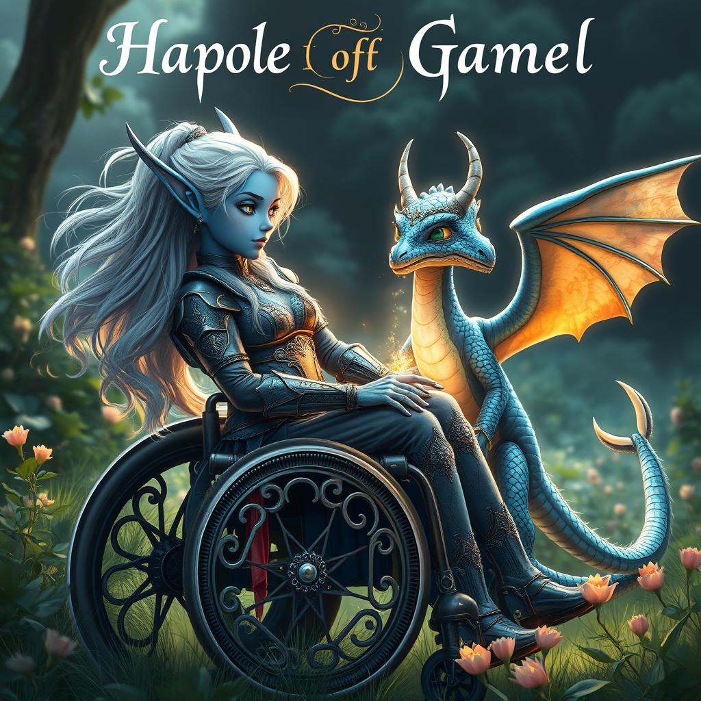 A captivating book cover design for a fantasy novel featuring an indigo-skinned wheelchair-bound elf girl and a humanoid dragon girl