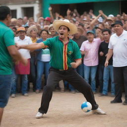 A vibrant scene of a skillful Mexican man passionately engaged in a spirited local game amidst a lively crowd