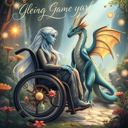 A stunning book cover for a fantasy novel showcasing an indigo-skinned wheelchair-bound elf girl and a humanoid dragon girl