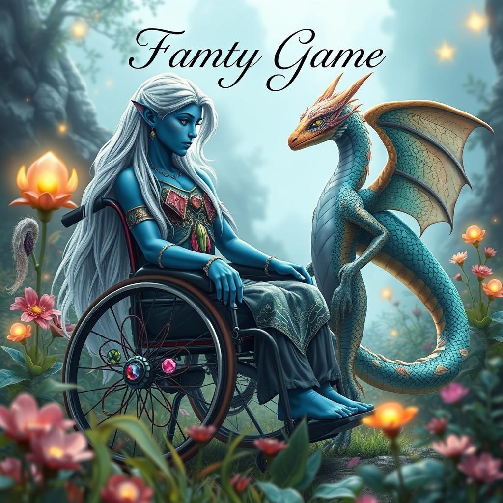 A stunning book cover for a fantasy novel showcasing an indigo-skinned wheelchair-bound elf girl and a humanoid dragon girl