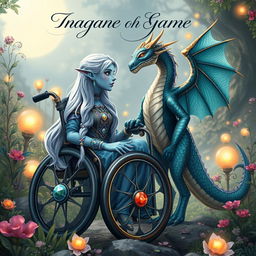 A stunning book cover for a fantasy novel showcasing an indigo-skinned wheelchair-bound elf girl and a humanoid dragon girl