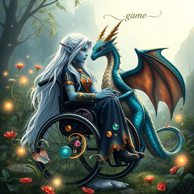 A stunning book cover for a fantasy novel showcasing an indigo-skinned wheelchair-bound elf girl and a humanoid dragon girl