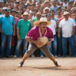 A vibrant scene of a skillful Mexican man passionately engaged in a spirited local game amidst a lively crowd