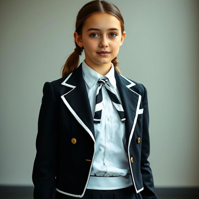 An ultra-realistic portrait of a European schoolgirl in a perfectly tailored school uniform