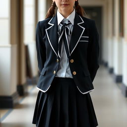An ultra-realistic portrait of a European schoolgirl in a perfectly tailored school uniform