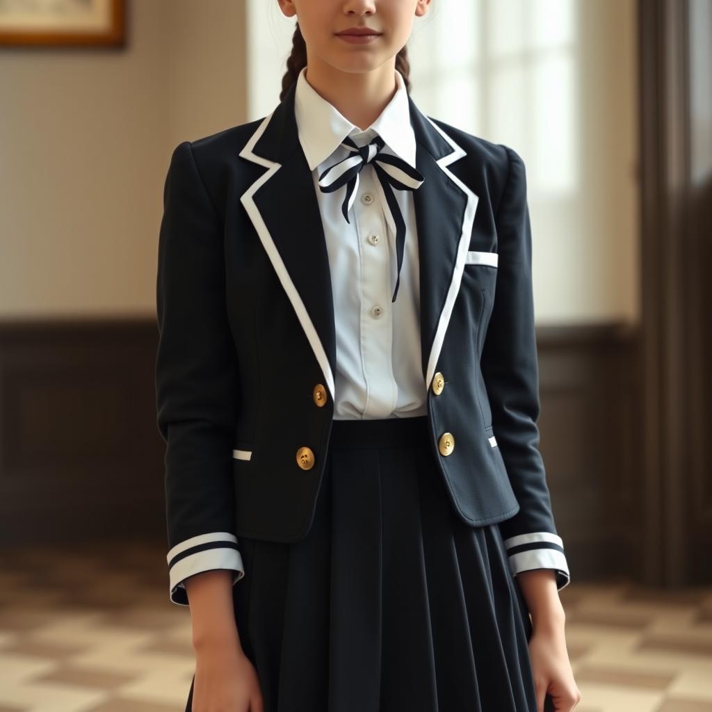 An ultra-realistic portrait of a European schoolgirl in a perfectly tailored school uniform