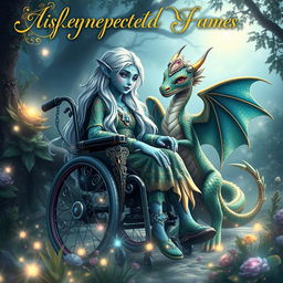 An enchanting book cover design for a fantasy novel featuring an indigo-skinned wheelchair-bound elf girl and a humanoid dragon girl