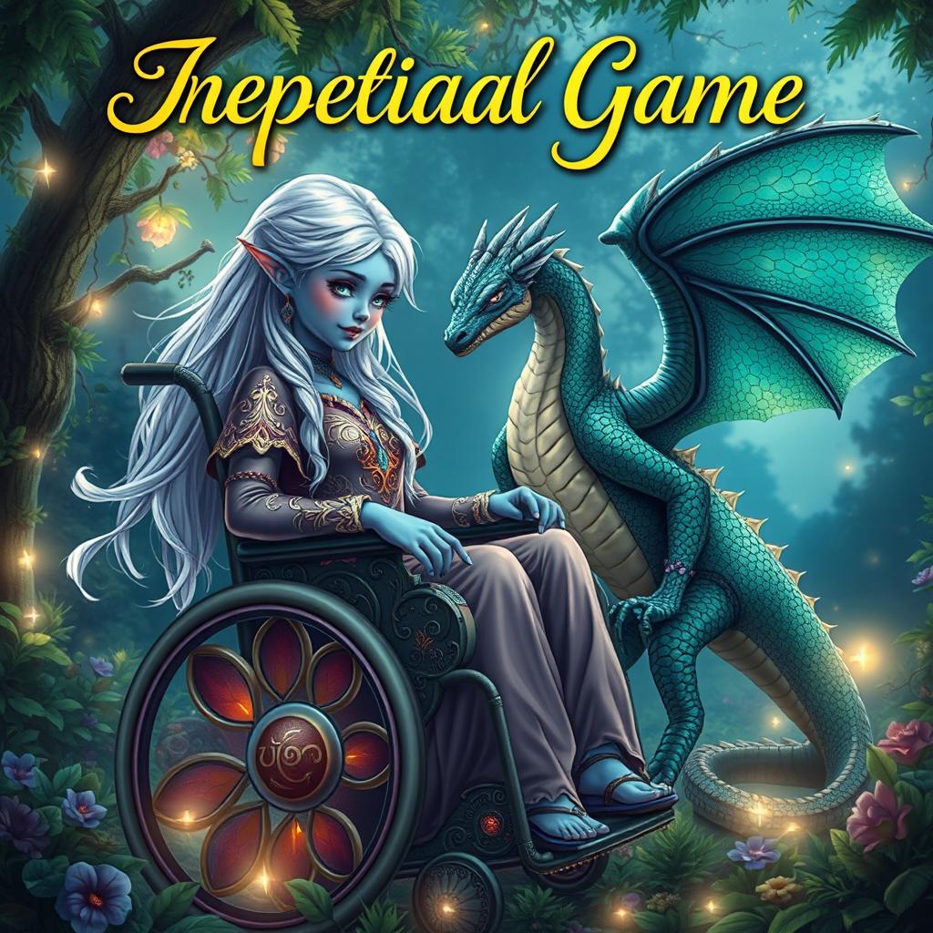 An enchanting book cover design for a fantasy novel featuring an indigo-skinned wheelchair-bound elf girl and a humanoid dragon girl