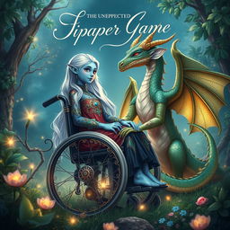 An enchanting book cover design for a fantasy novel featuring an indigo-skinned wheelchair-bound elf girl and a humanoid dragon girl