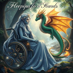 An enchanting book cover for a fantasy novel centered around an indigo-skinned wheelchair-bound elf princess and a dragonoid girl
