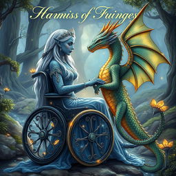 An enchanting book cover for a fantasy novel centered around an indigo-skinned wheelchair-bound elf princess and a dragonoid girl