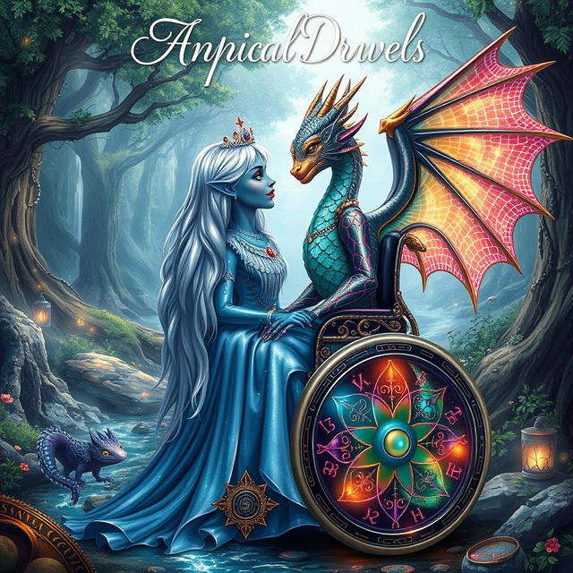 An enchanting book cover for a fantasy novel centered around an indigo-skinned wheelchair-bound elf princess and a dragonoid girl