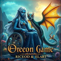 An evocative book cover for a fantasy novel featuring an indigo-skinned wheelchair-bound elf princess and a dragonoid girl
