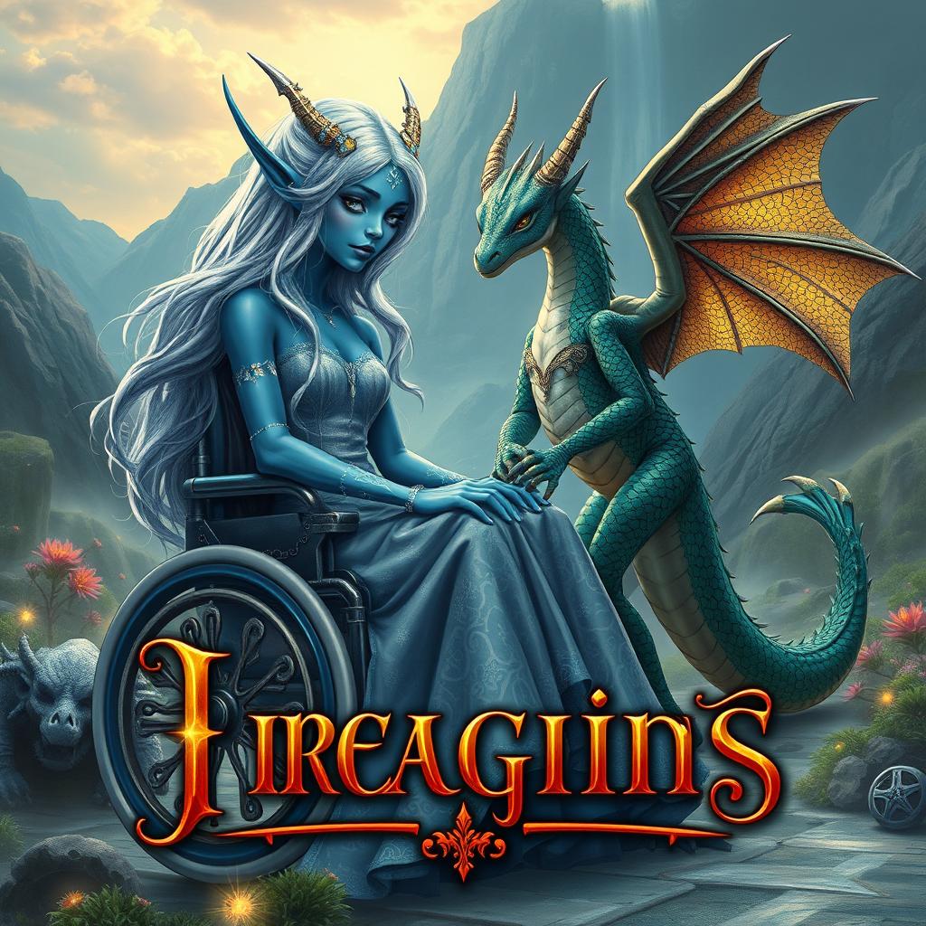 An evocative book cover for a fantasy novel featuring an indigo-skinned wheelchair-bound elf princess and a dragonoid girl