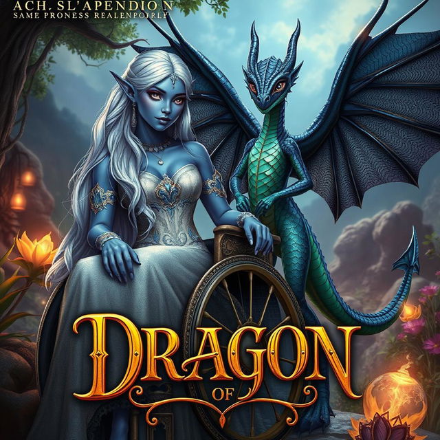 An evocative book cover for a fantasy novel featuring an indigo-skinned wheelchair-bound elf princess and a dragonoid girl