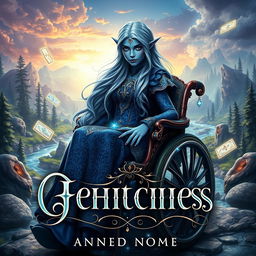 A captivating book cover for a fantasy novel featuring an indigo-skinned wheelchair-bound elf princess at the center