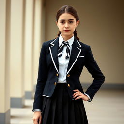 An ultra-realistic portrait of a European schoolgirl dressed in a perfectly fitted, traditional school uniform