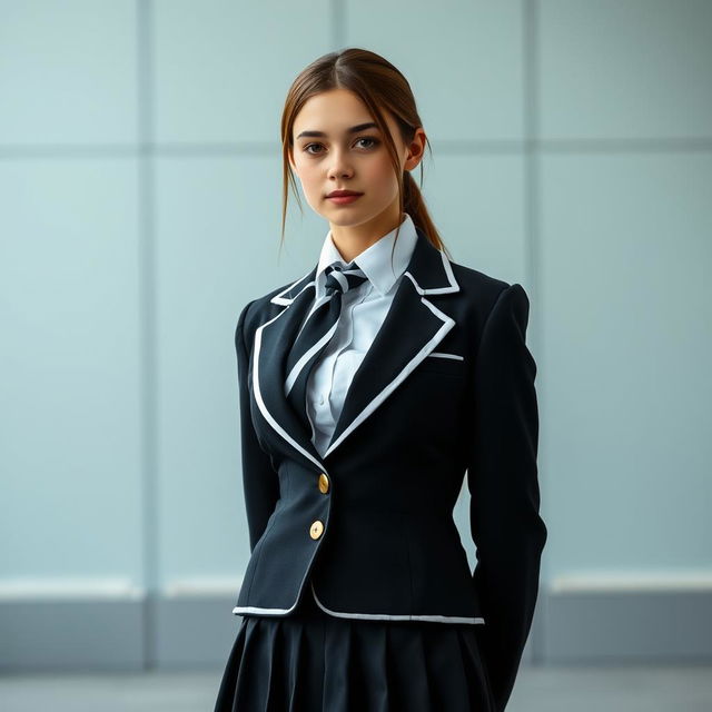 An ultra-realistic portrait of a European schoolgirl dressed in a perfectly fitted, traditional school uniform