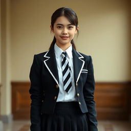 An ultra-realistic portrait of a European schoolgirl dressed in a perfectly fitted, traditional school uniform
