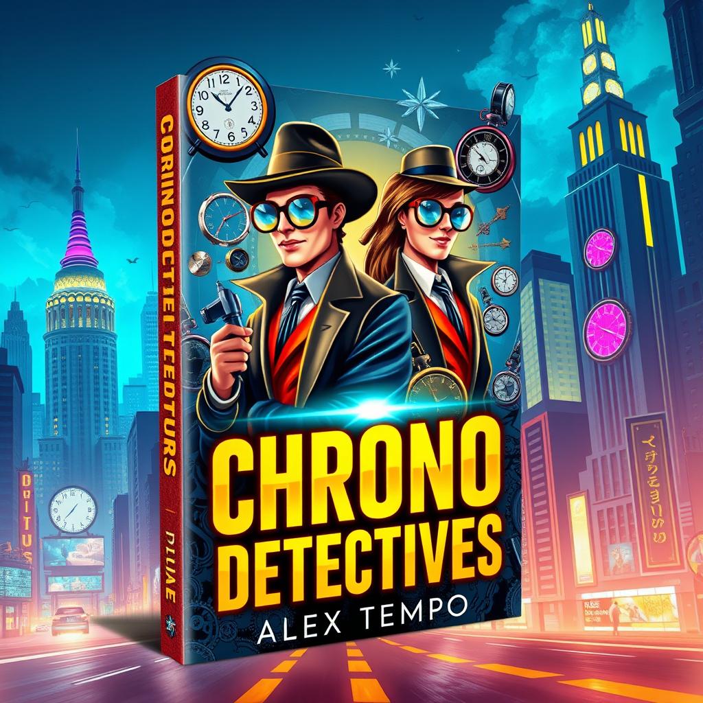 A book cover design for 'Chrono Detectives' by Alex Tempo