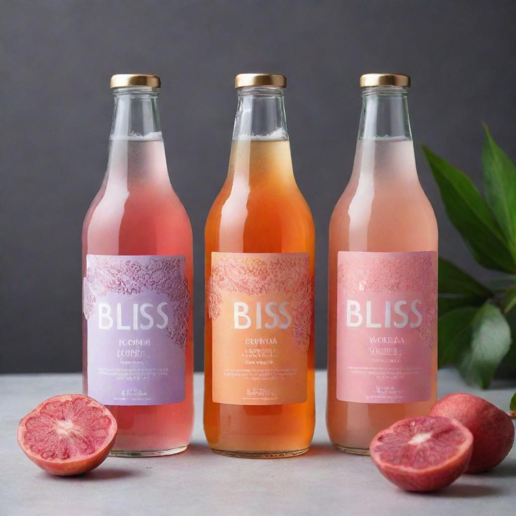 Design modern and vibrant labels for 'Bliss Kombucha' in four flavours: Guava, Litchi, Pineapple, Grapes