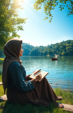A serene scene depicting a woman in hijab sitting peacefully by the edge of a lake, holding a pen and an open book in her lap