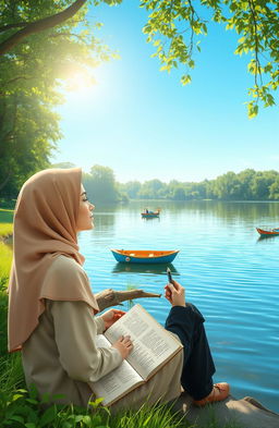 A serene scene depicting a woman in hijab sitting peacefully by the edge of a lake, holding a pen and an open book in her lap