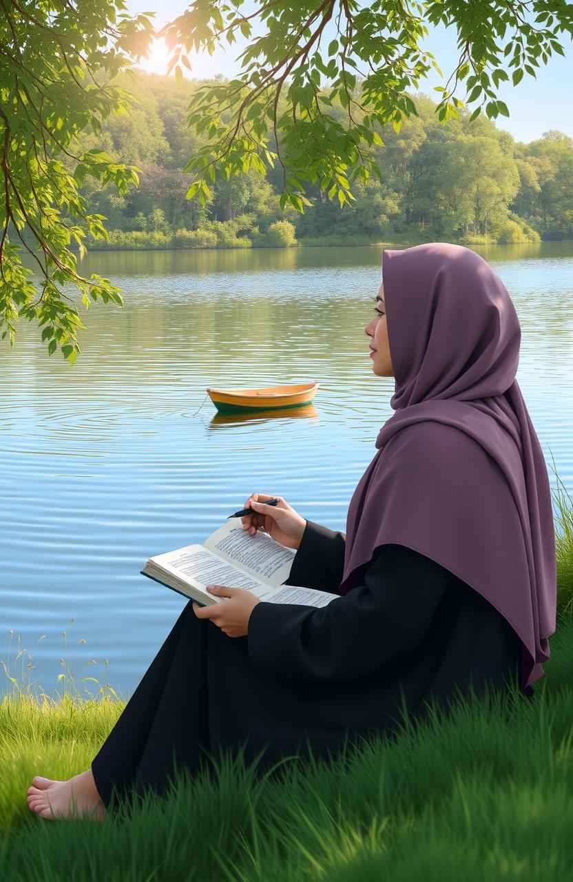 A serene scene depicting a woman in hijab sitting peacefully by the edge of a lake, holding a pen and an open book in her lap