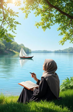 A serene scene depicting a woman in hijab sitting peacefully by the edge of a lake, holding a pen and an open book in her lap