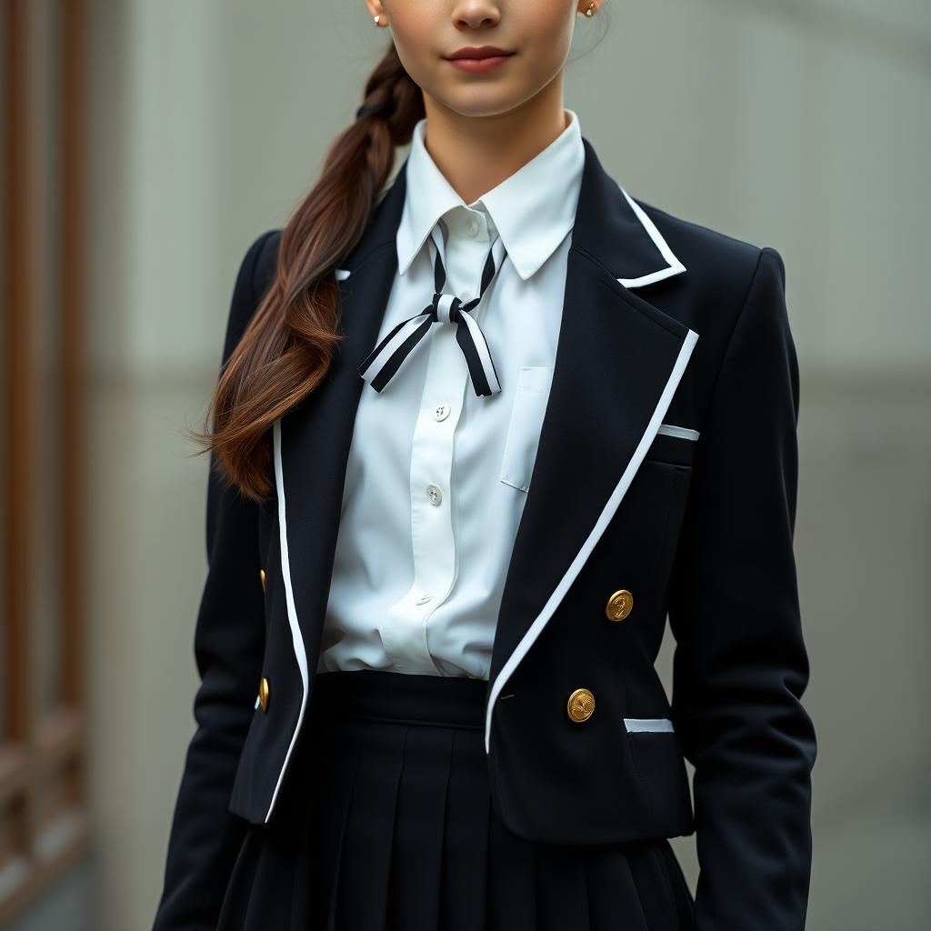 An ultra-realistic portrait of a European schoolgirl in a meticulously tailored school uniform