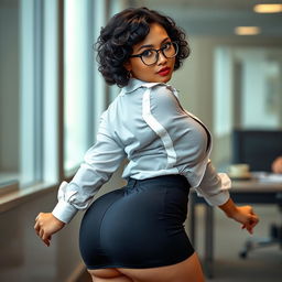 An alluring Asian woman with big eyes and luscious black curly short hair, wearing stylish glasses and showing off a nose piercing