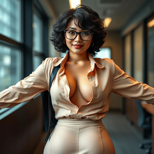 An alluring Asian woman with big eyes and luscious black curly short hair, wearing stylish glasses and showing off a nose piercing