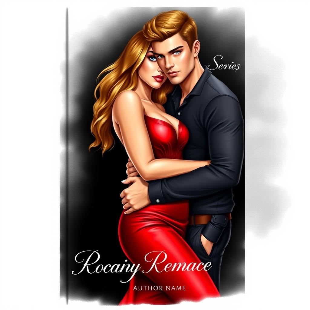 A stunning romance book cover illustration featuring a beautiful blue-eyed couple