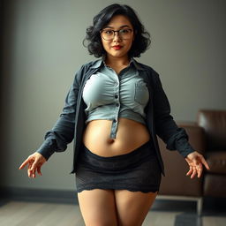 A tall, plump Asian woman with big eyes and black curly short hair, wearing stylish glasses, and a nose piercing