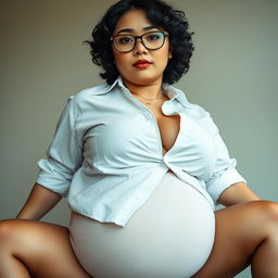 A tall, plump Asian woman with big eyes and black curly short hair, wearing stylish glasses, and a nose piercing