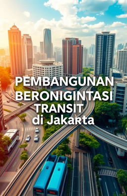 A compelling PowerPoint cover design in PNG format, landscape 16:9, featuring the words “Pembangunan Berorientasi Transit di Jakarta”